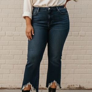 Good American Dark Blue Frayed Hem Jeans Crop Mini Boot Cut Good Legs Size 22
